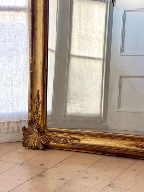 LARGE ANTIQUE FRENCH GILT LEANER MIRROR MERCURY GLASS - ADDITIONAL PHOTO 2