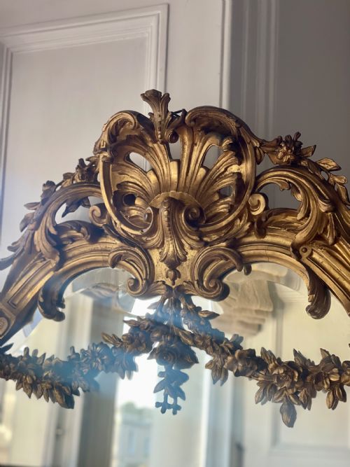 LARGE ANTIQUE FRENCH GILT LEANER MIRROR BEVELLED GLASS - ADDITIONAL PHOTO 2