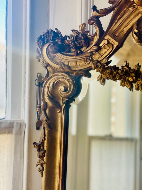 LARGE ANTIQUE FRENCH GILT LEANER MIRROR BEVELLED GLASS - ADDITIONAL PHOTO 4