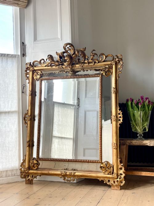 LARGE ANTIQUE FRENCH GILT MIRROR BEVELLED MERCURY GLASS - ADDITIONAL PHOTO 6