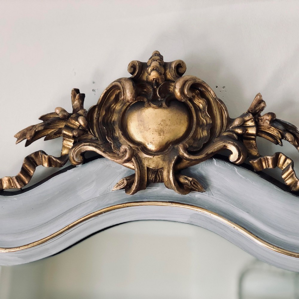 Large French antique painted and gilt Louis XV crested mirror View II