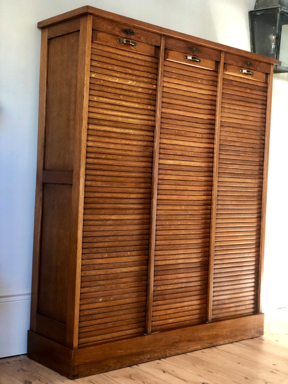 French Antique Triple Oak Tambour Filing Cabinet 
