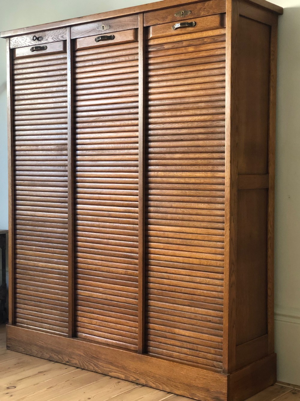 French Antique Triple Oak Tambour Filing Cabinet  View IX