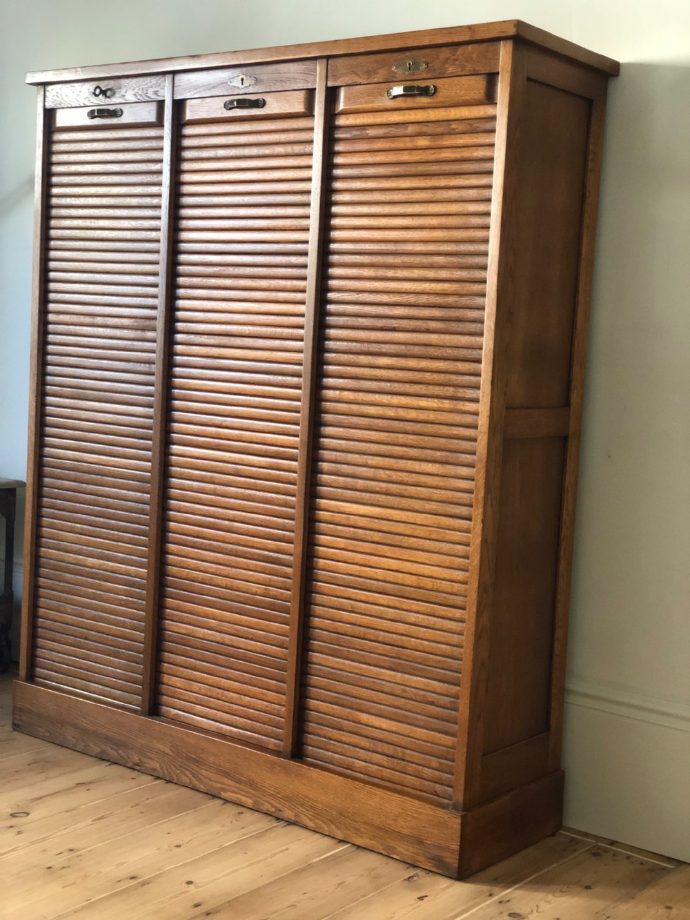 French Antique Triple Oak Tambour Filing Cabinet  View XI