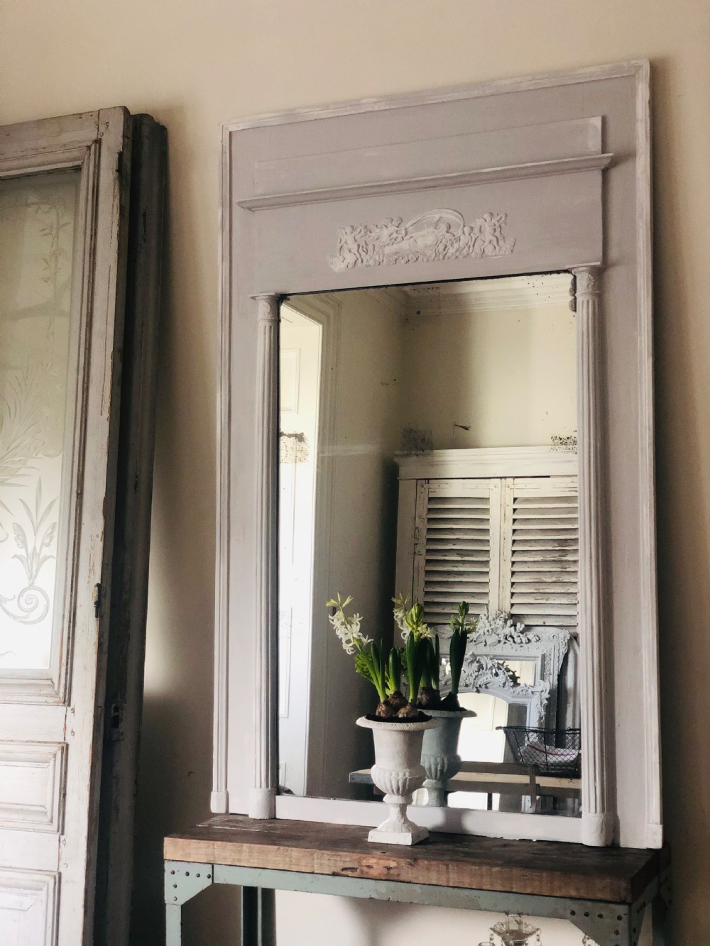 Large French antique painted  mirror - mercury glass
