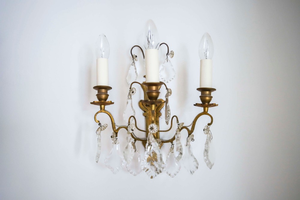 Pair of antique French crystal wall lights / sconces - rewired 