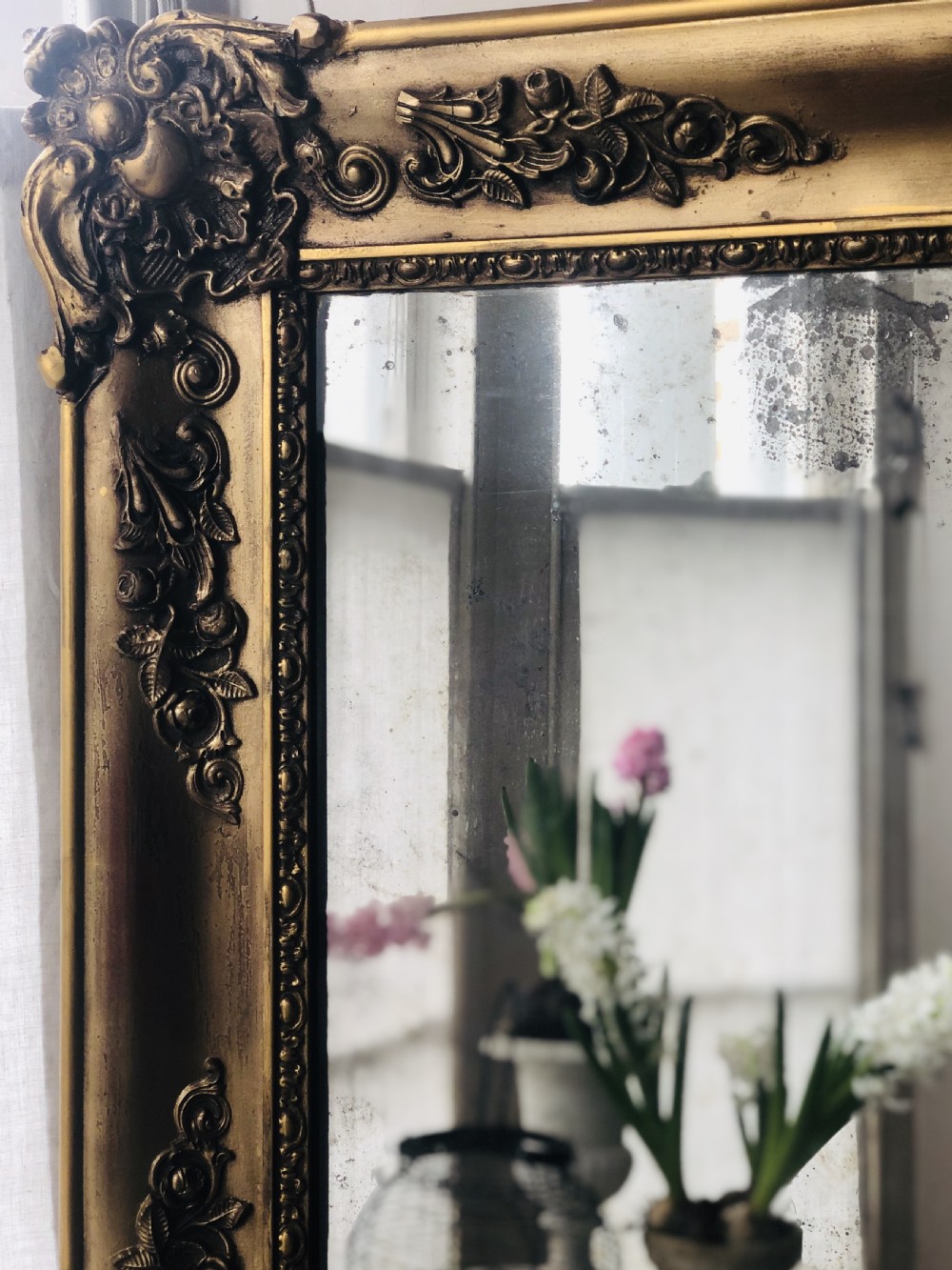French antique gilt mirror - foxed / distressed mercury glass View II