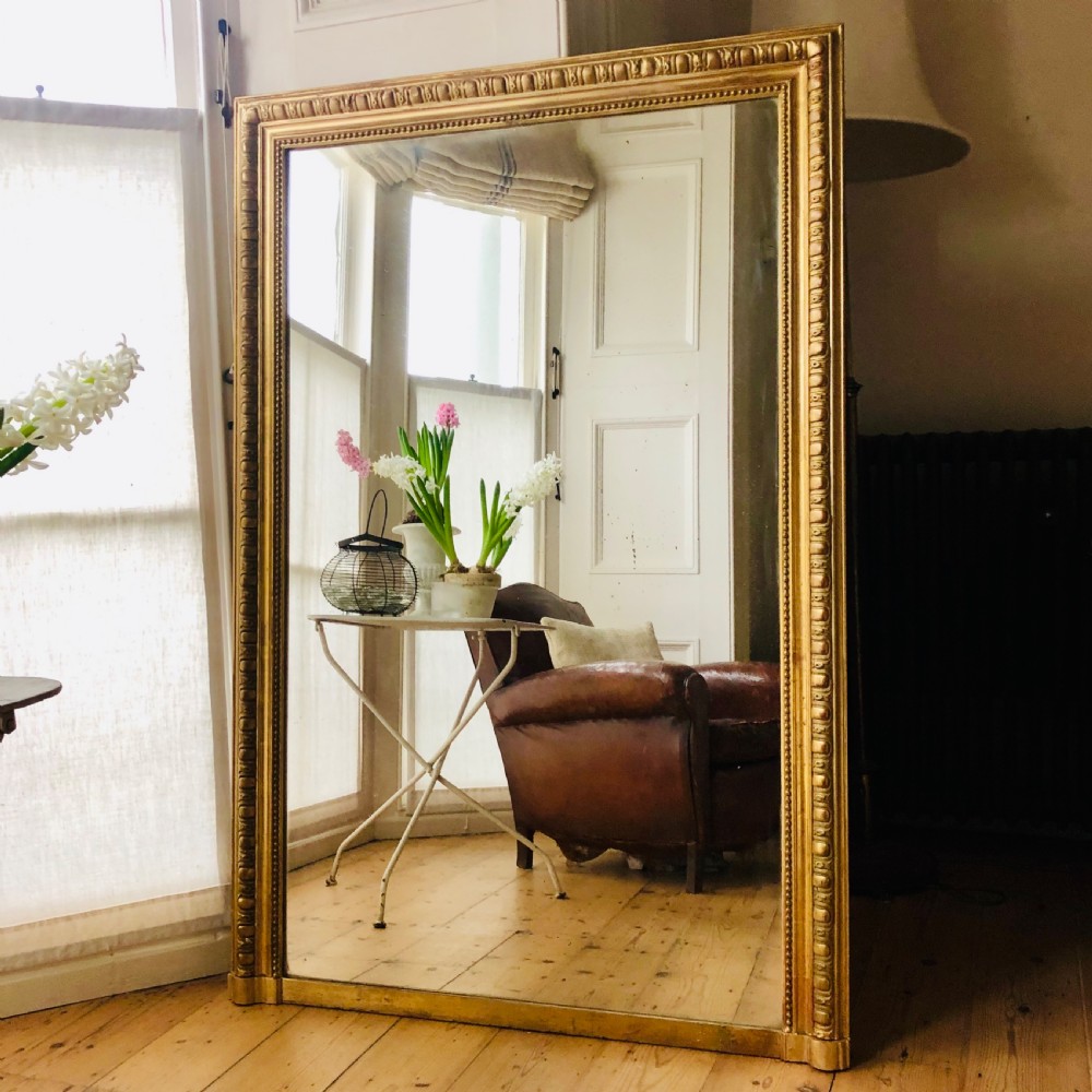 Large Antique French gilt rectangular overmantel mirror  View II