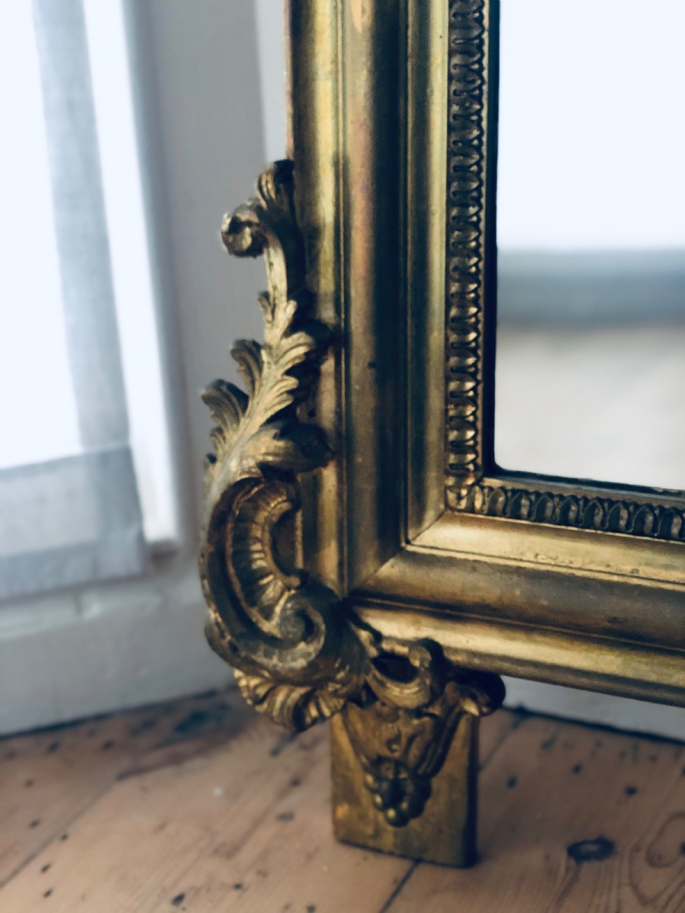 Antique French Louis XV crested gilt leaner mirror View V