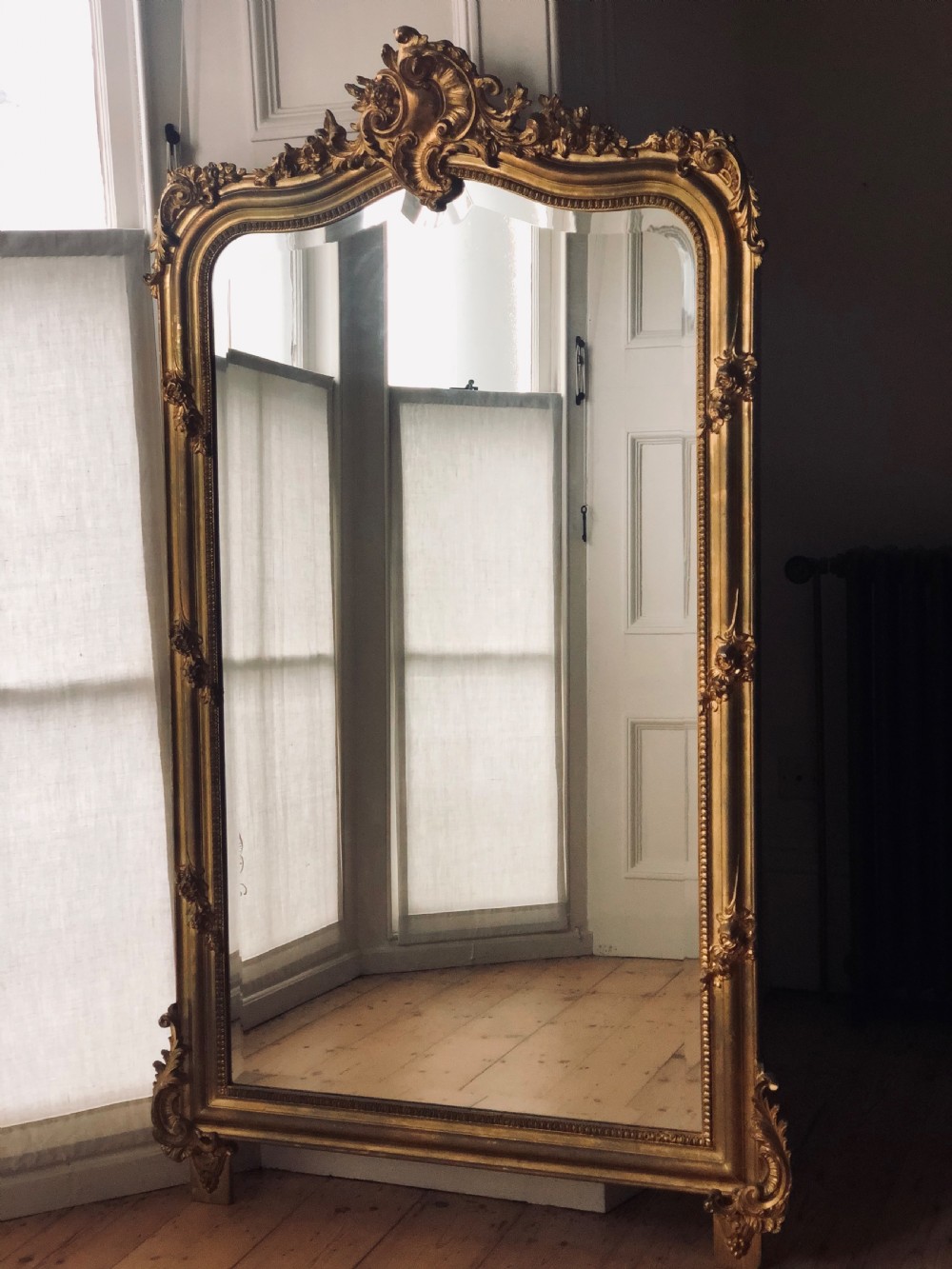 Antique French Louis XV crested gilt leaner mirror View VII