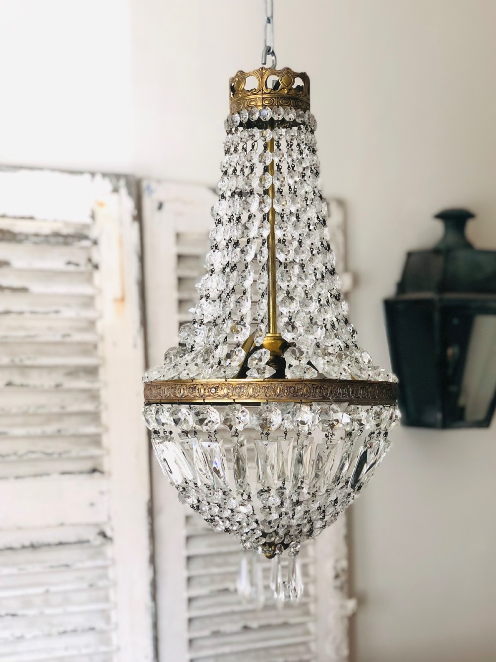 Large antique French crystal bag balloon chandelier c1910 View III
