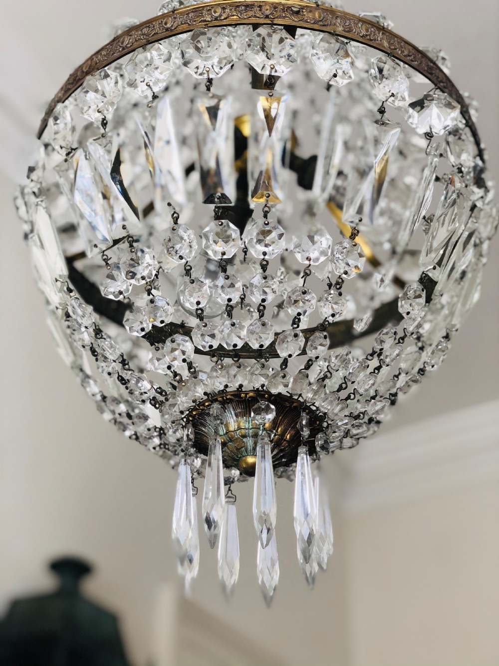 Large antique French crystal bag balloon chandelier c1910 View IV