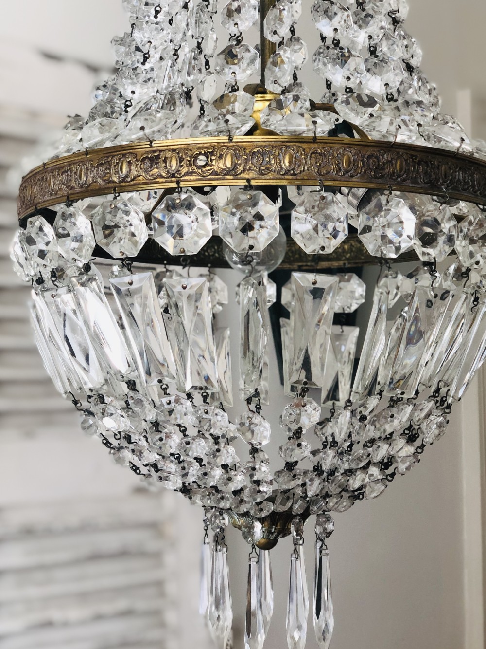 Large antique French crystal bag balloon chandelier c1910 View V