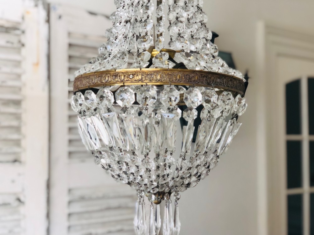 Large antique French crystal bag balloon chandelier c1910 View VI