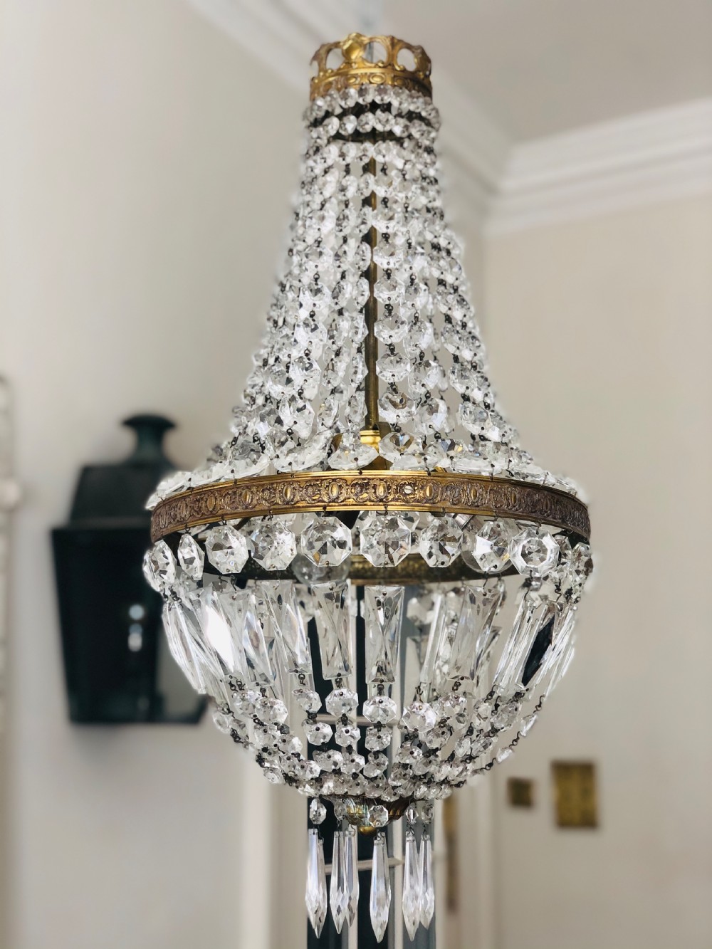 Large antique French crystal bag balloon chandelier c1910 View VII
