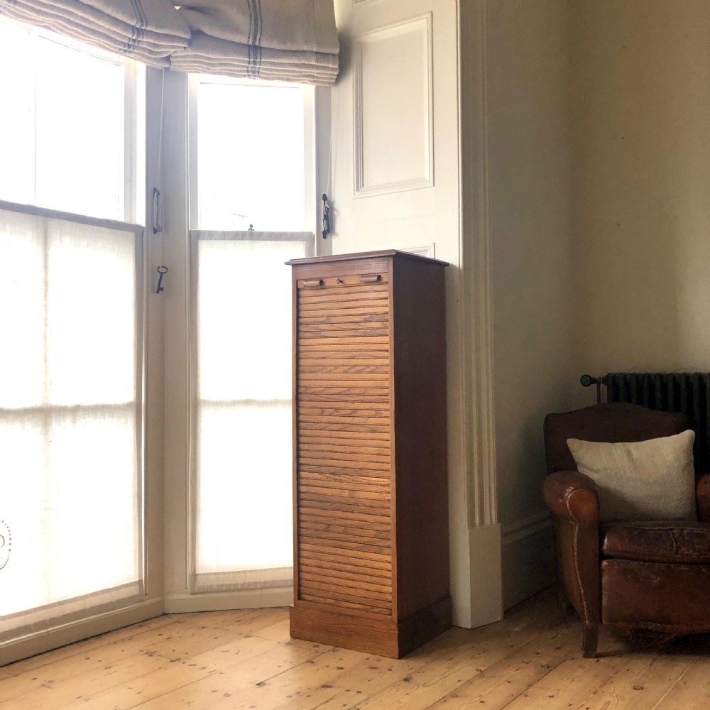 Antique French oak tambour front filing cabinet 