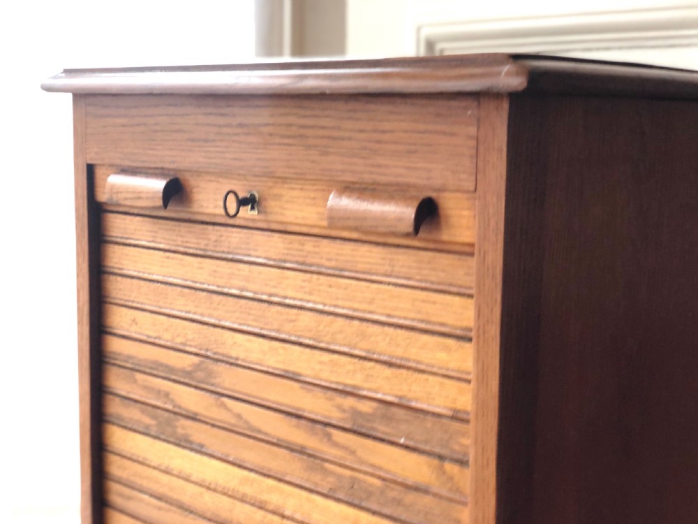 Antique French oak tambour front filing cabinet  View II