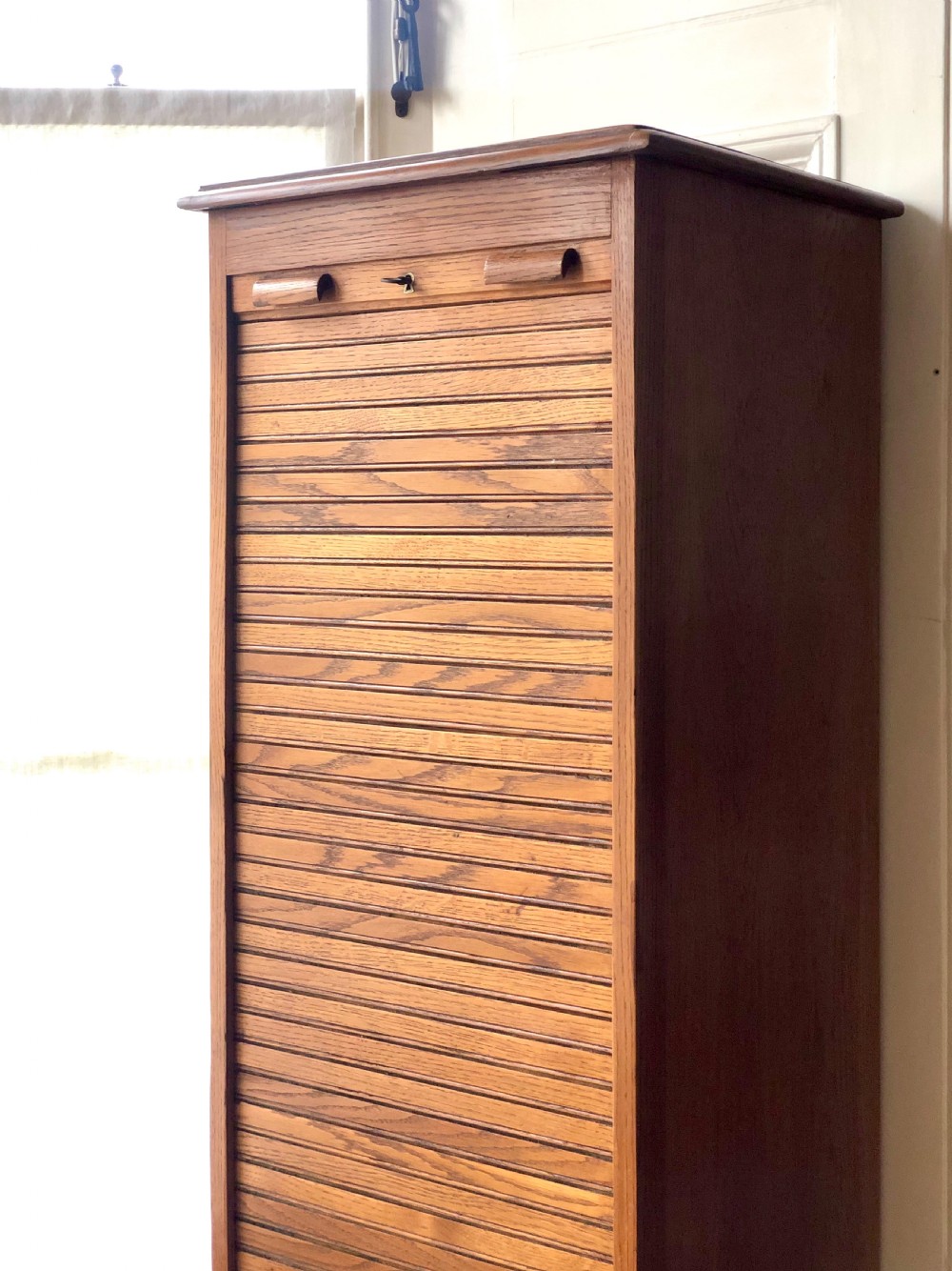 Antique French oak tambour front filing cabinet  View III