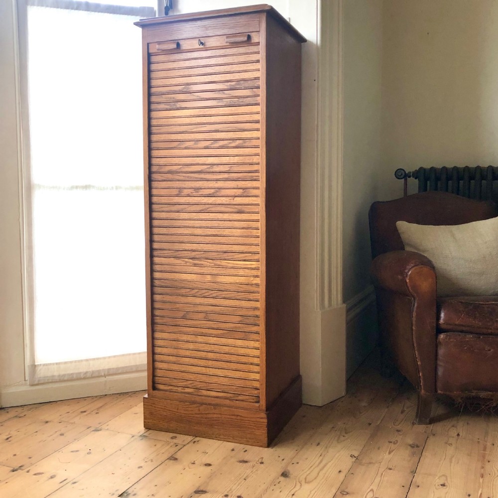 Antique French oak tambour front filing cabinet  View V