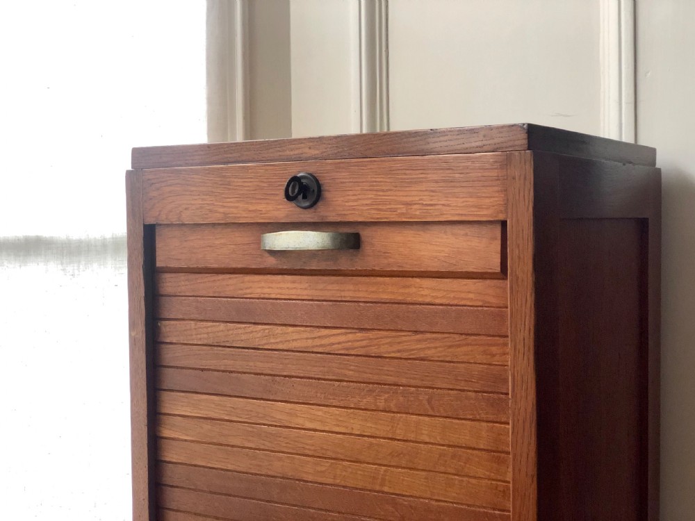1930s vintage French oak tambour filing cabinet View II