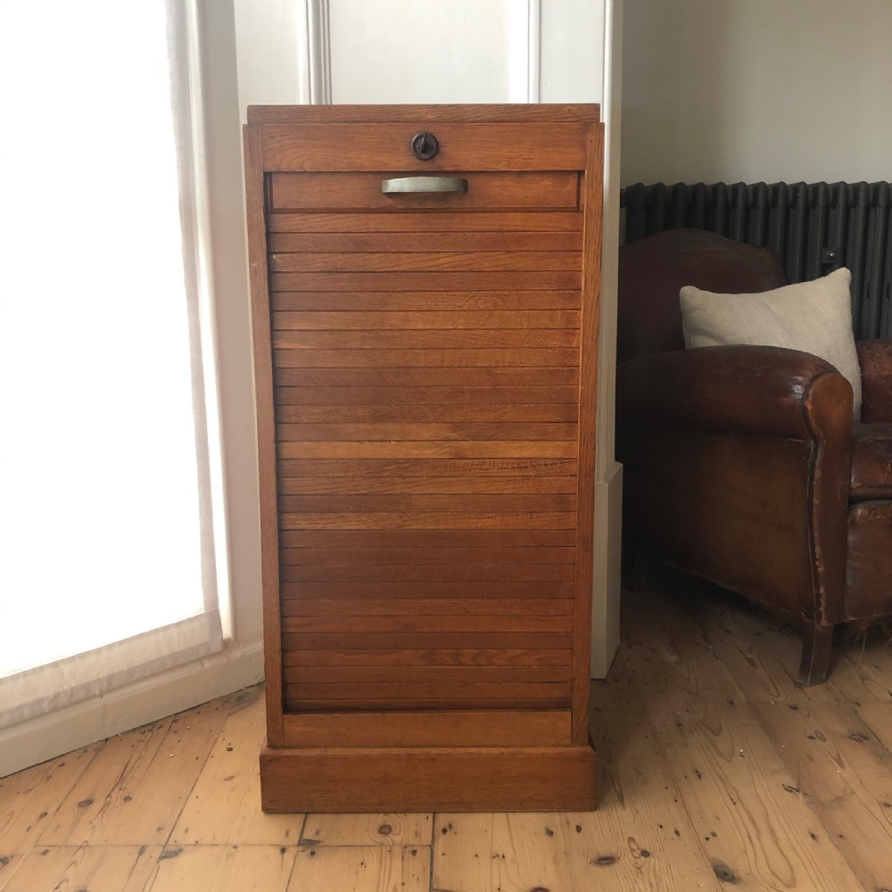 1930s vintage French oak tambour filing cabinet View III