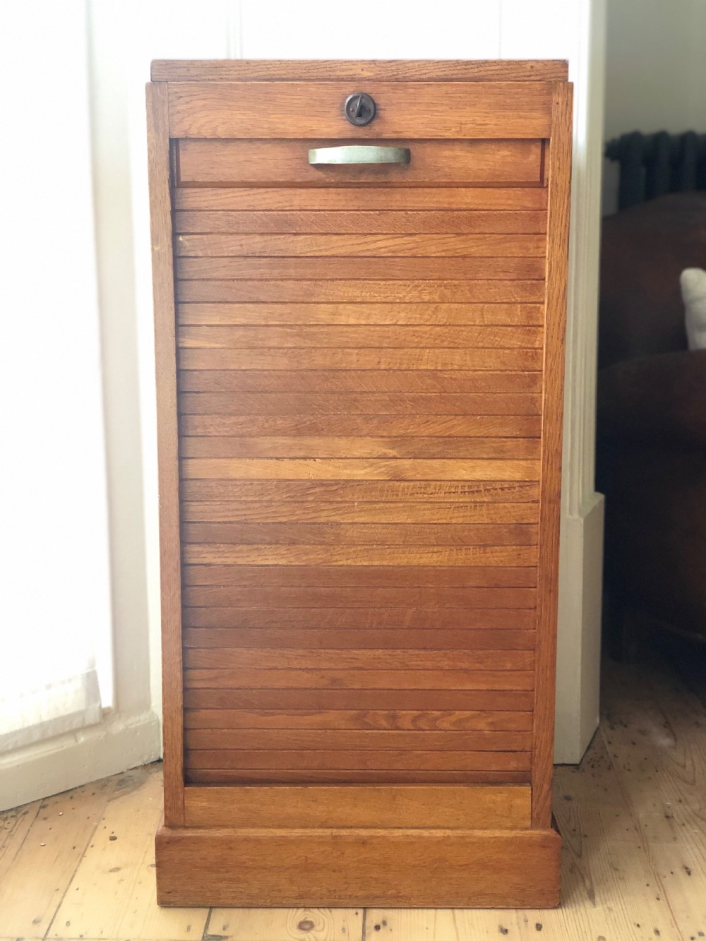 1930s vintage French oak tambour filing cabinet View IV