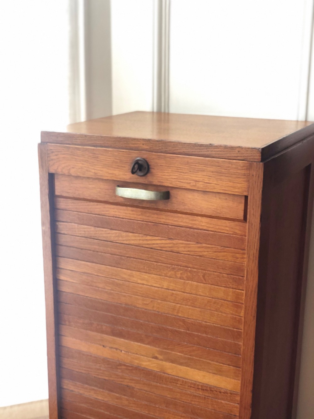 1930s vintage French oak tambour filing cabinet View V
