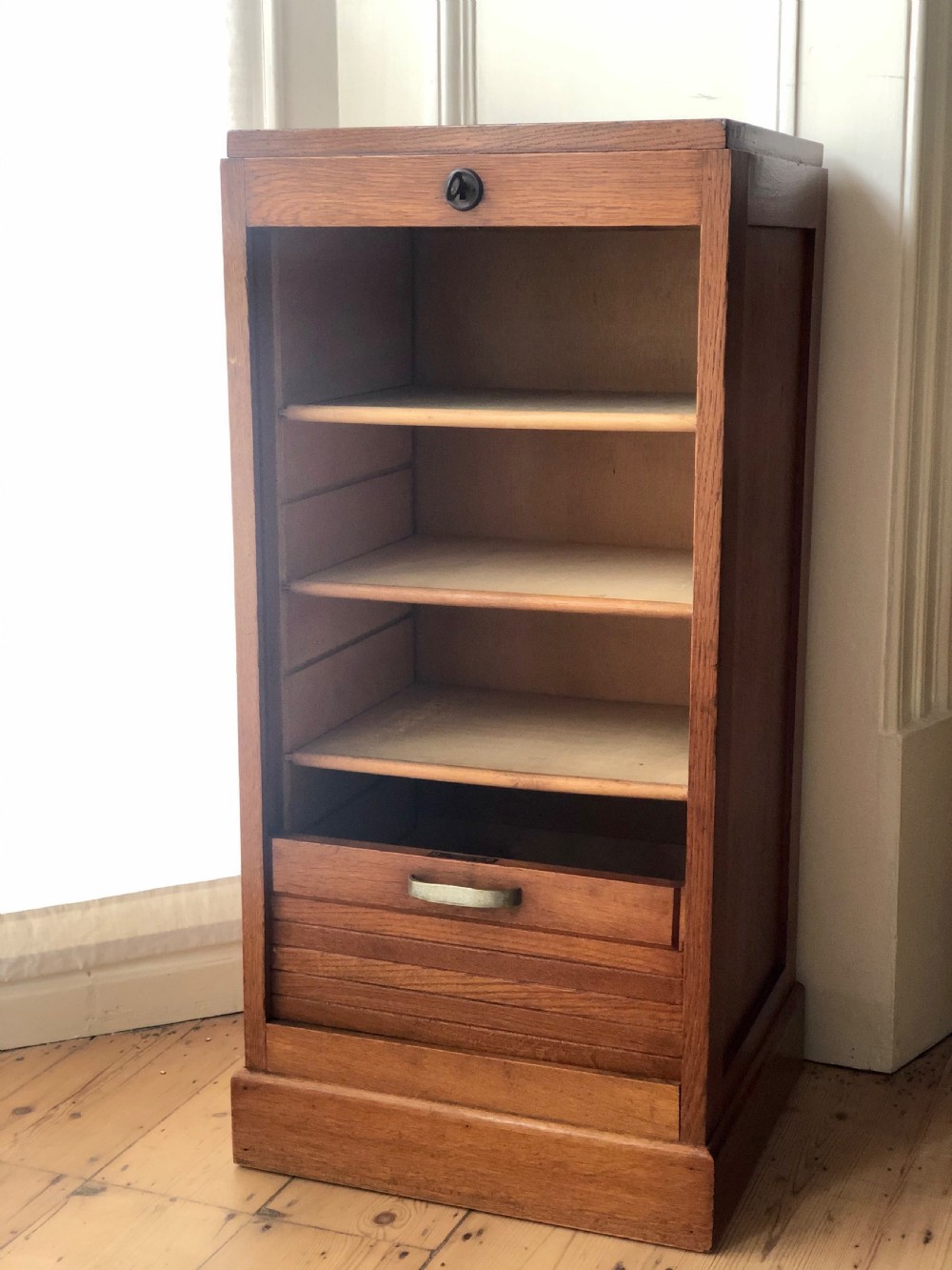 1930s vintage French oak tambour filing cabinet View VIII