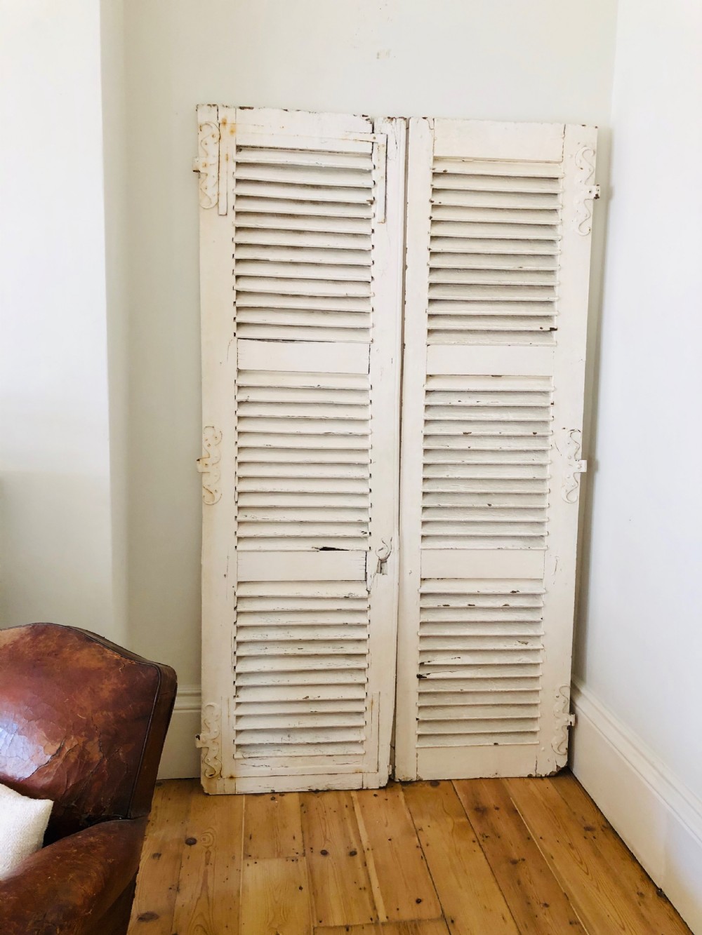 Antique French oak painted shutters - moustache hinges 