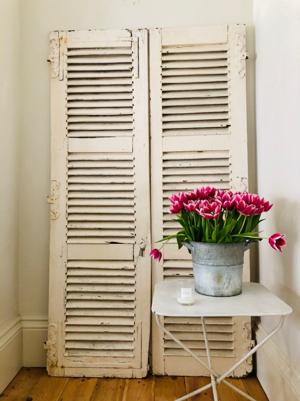 Antique French oak painted shutters - moustache hinges  View II