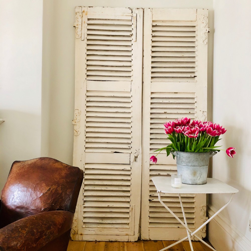 Antique French oak painted shutters - moustache hinges  View III
