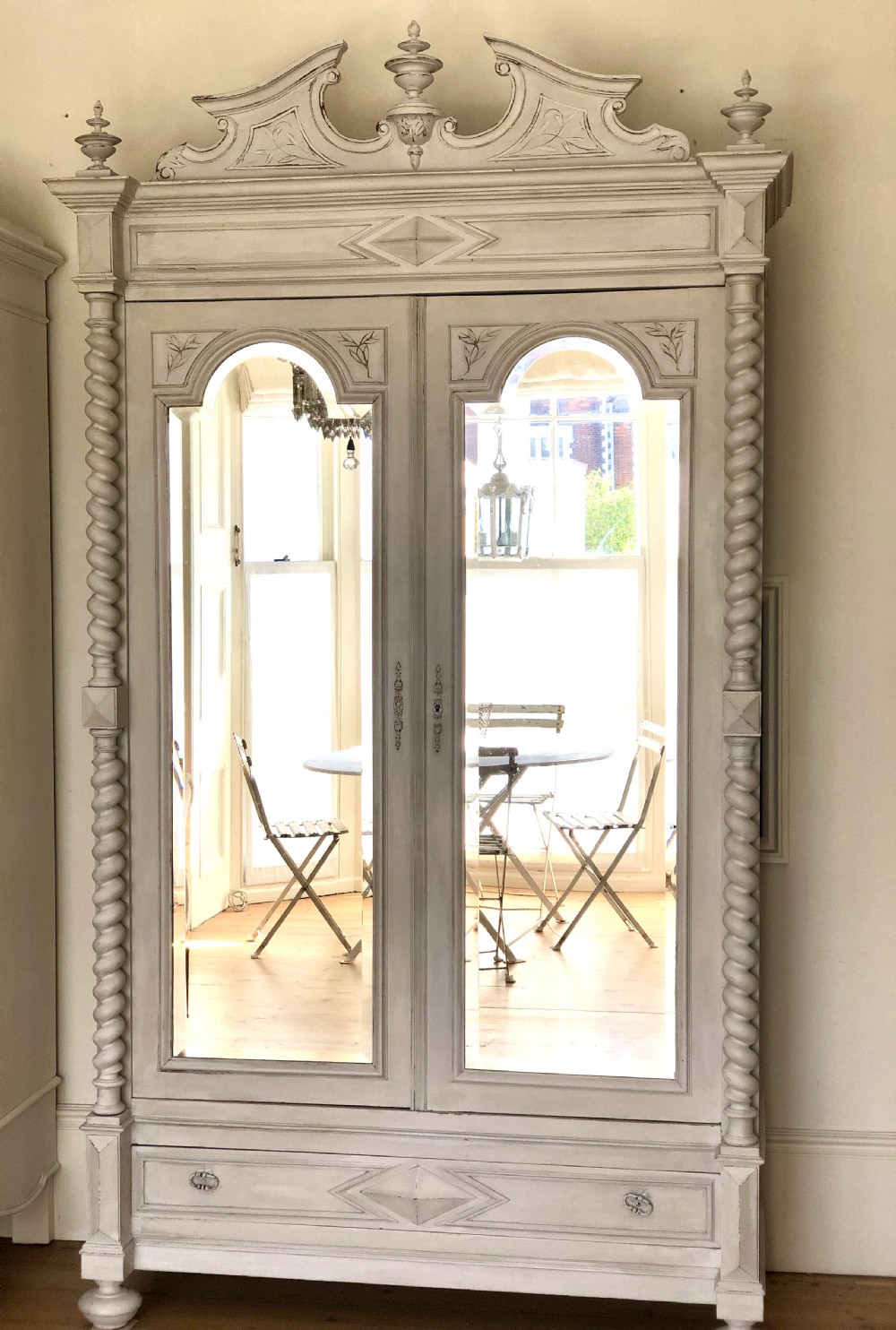 Antique French painted mirrored double armoire