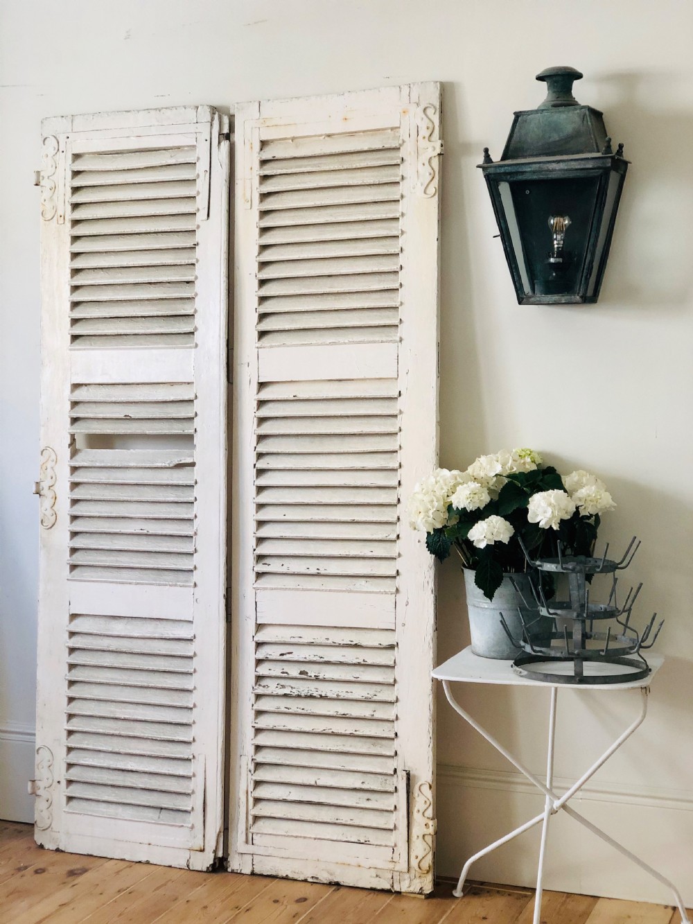 Antique French oak painted shutters - moustache hinges 