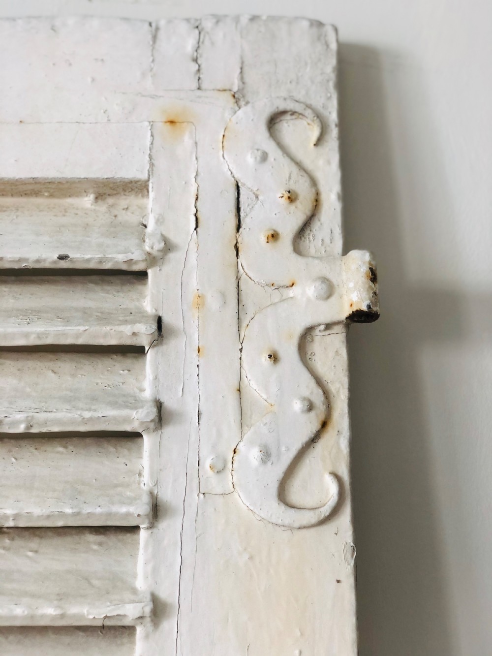 Antique French oak painted shutters - moustache hinges  View III
