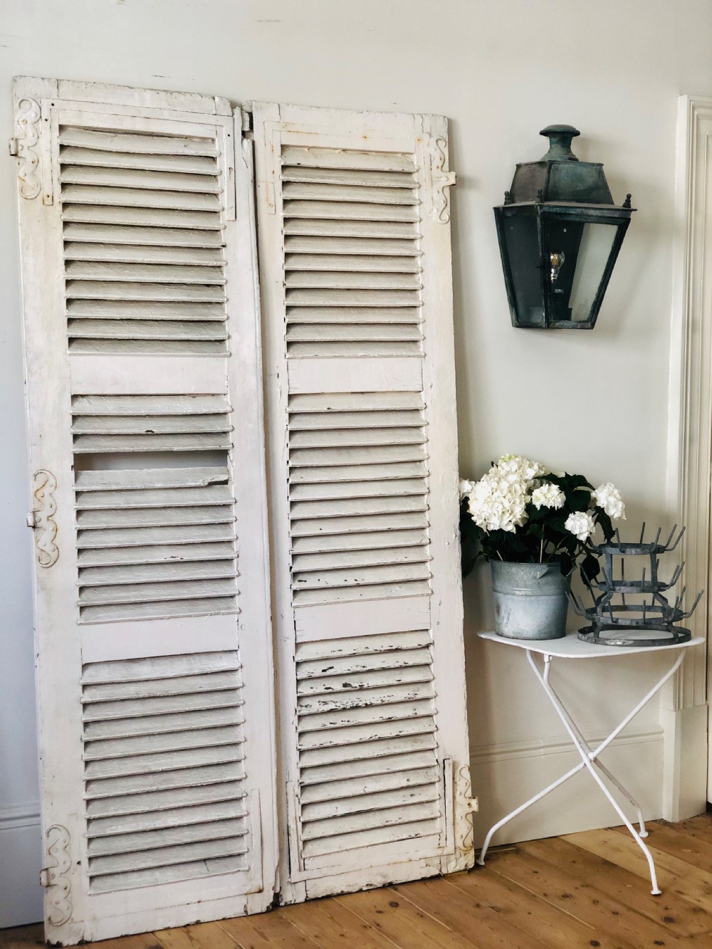 Antique French oak painted shutters - moustache hinges  View V