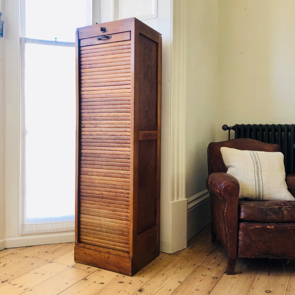 French antique oak tambour front filing cabinet