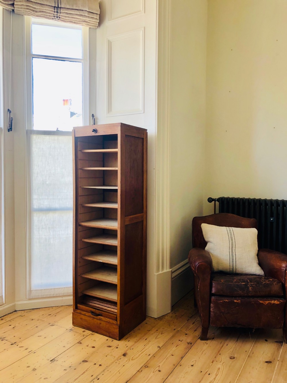French antique oak tambour front filing cabinet View III