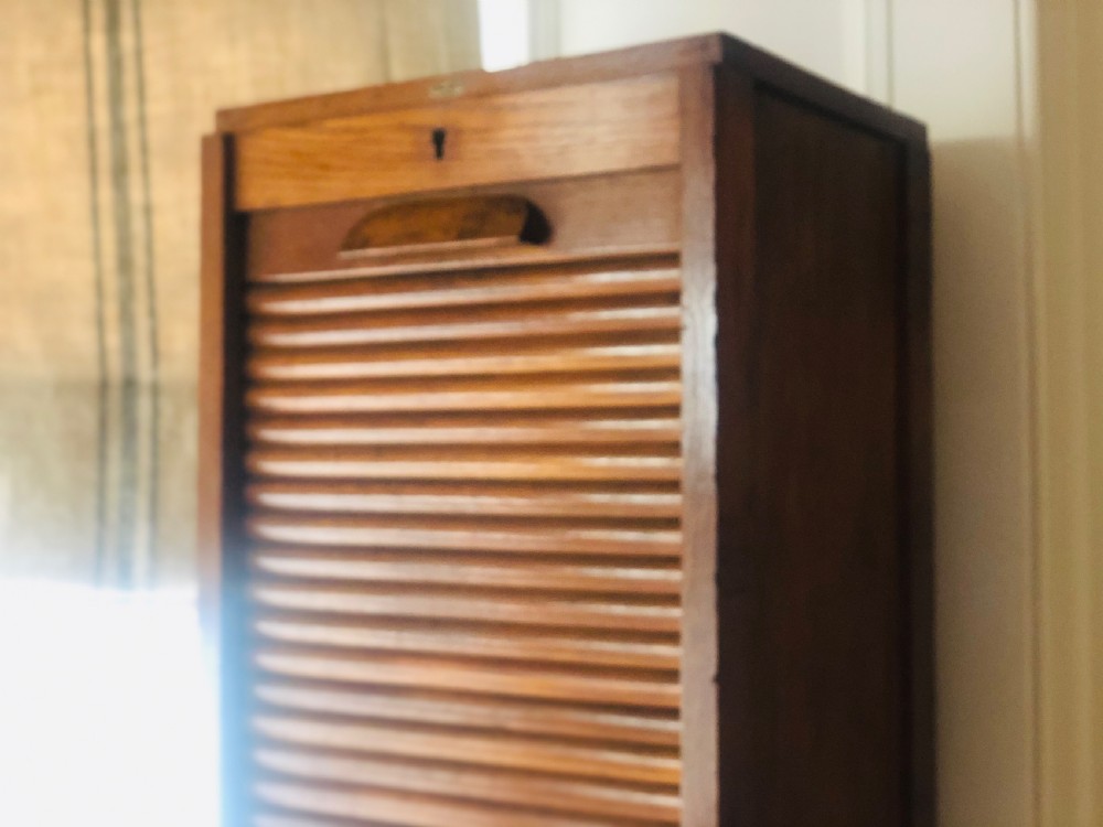 Antique French oak tambour filing cabinet  View II