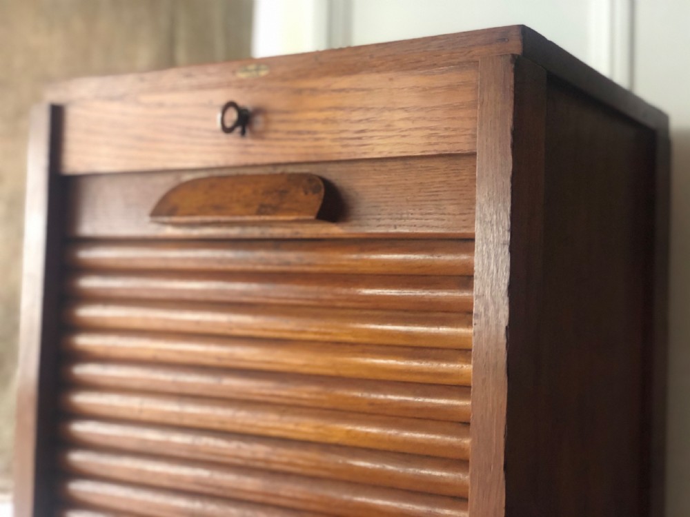 Antique French oak tambour filing cabinet  View III