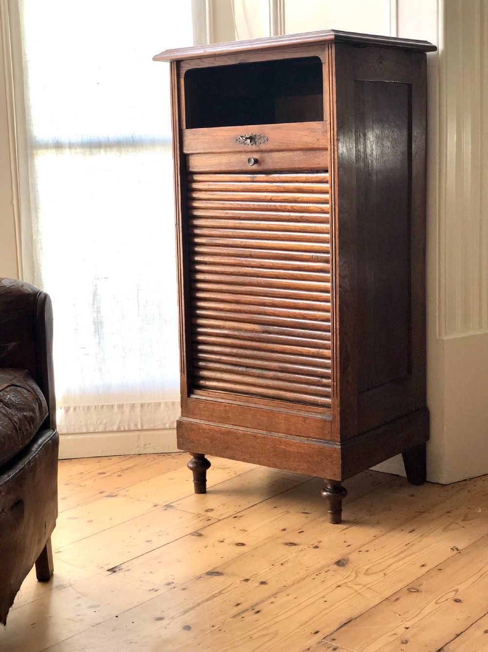 Antique French oak tambour filing cabinet