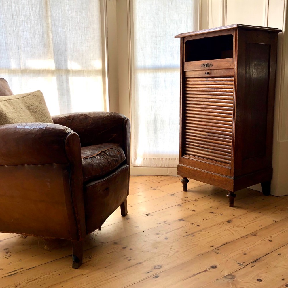 Antique French oak tambour filing cabinet View II