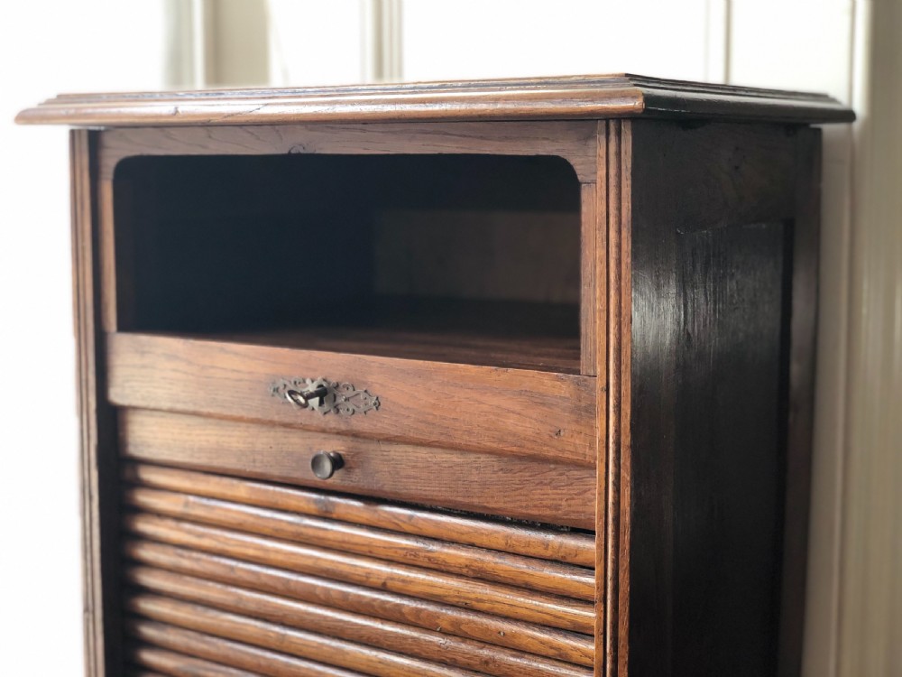 Antique French oak tambour filing cabinet View III