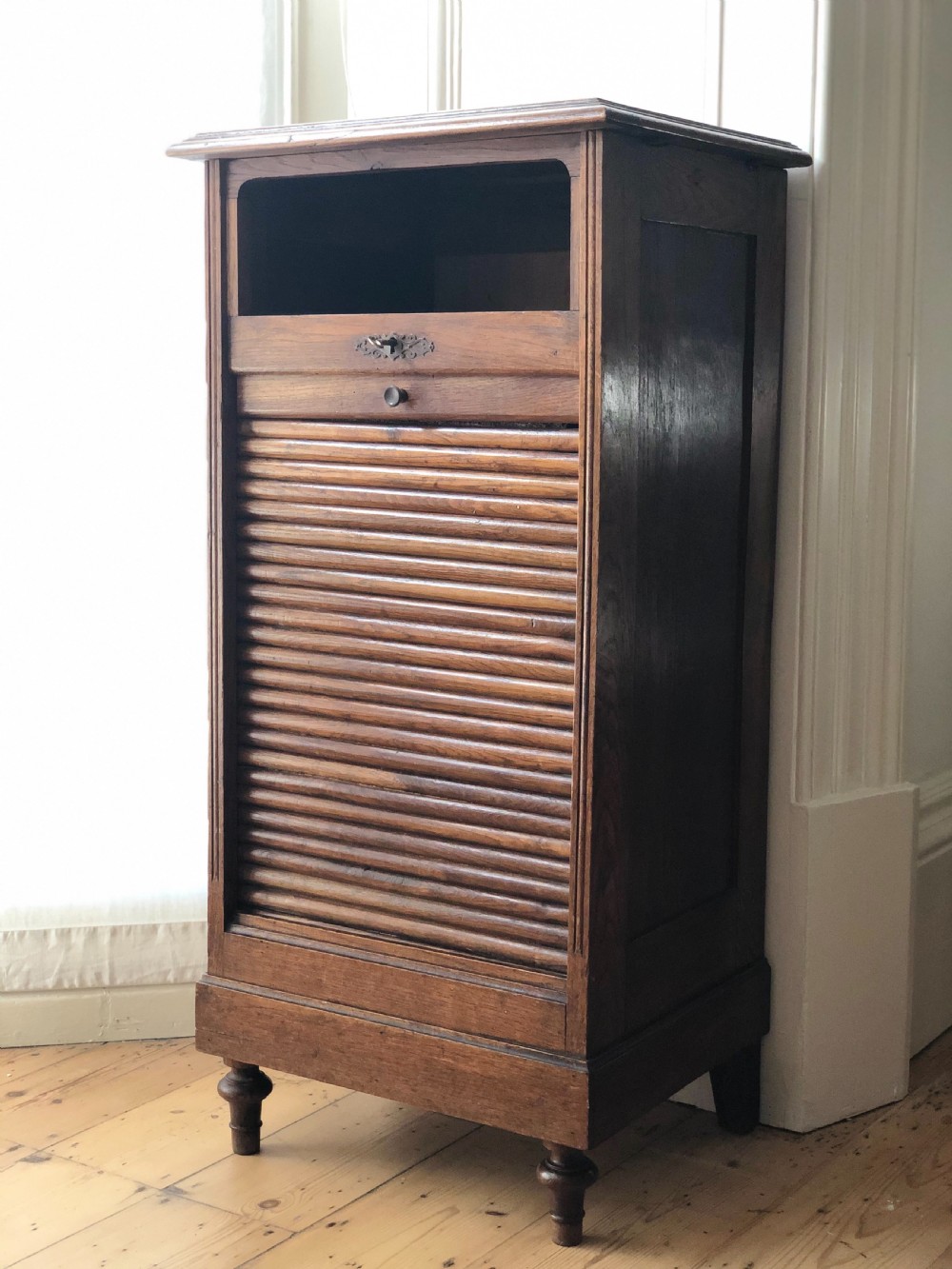 Antique French oak tambour filing cabinet View IV