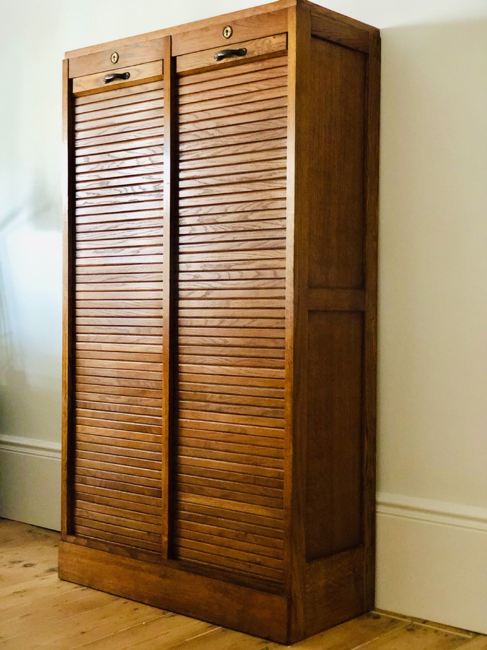 Antique French oak double tambour filing cabinet 