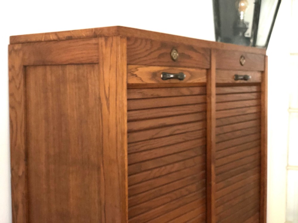 Antique French oak double tambour filing cabinet  View II