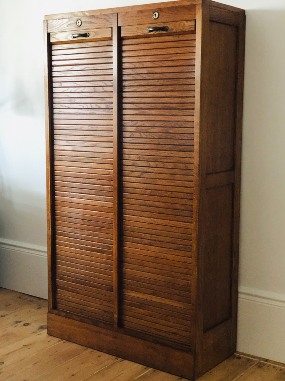 Antique French oak double tambour filing cabinet  View III