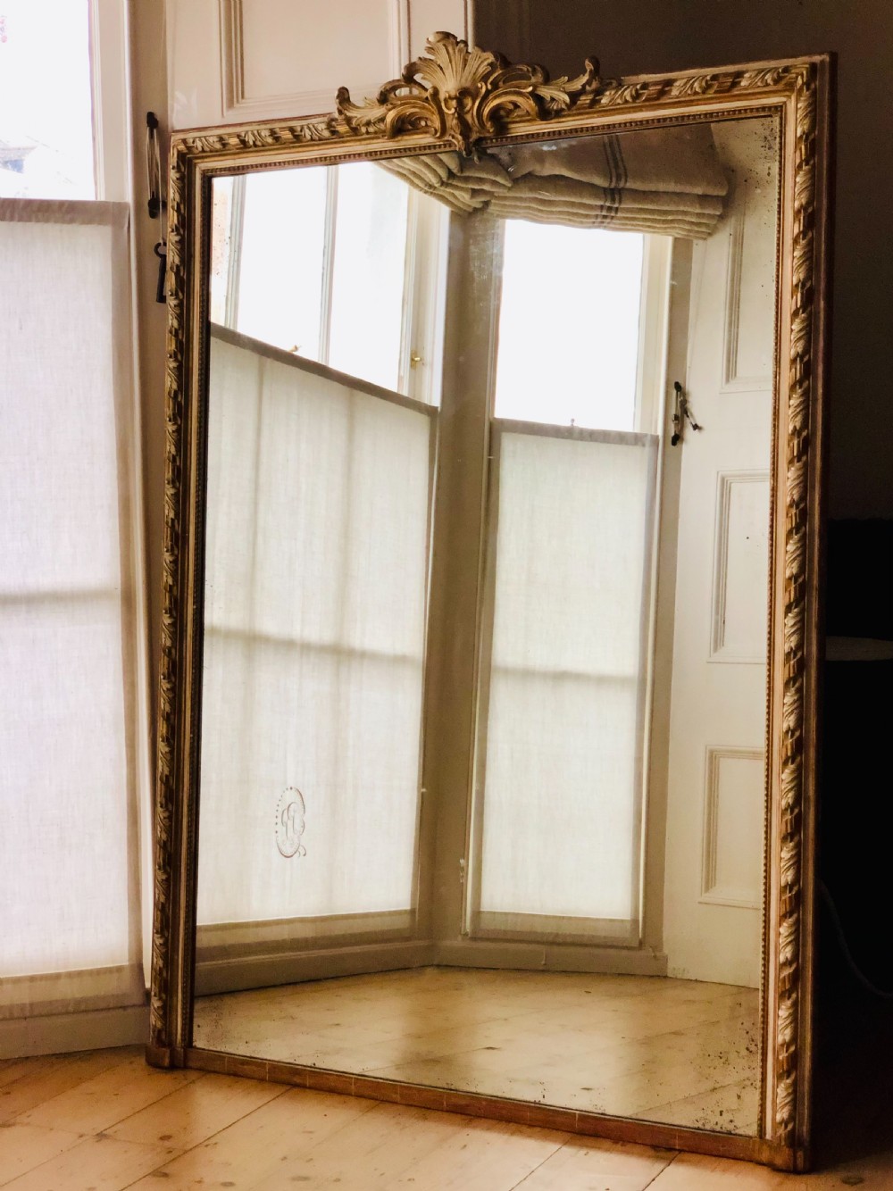 Antique French gilt and gesso leaner mirror overmantel 