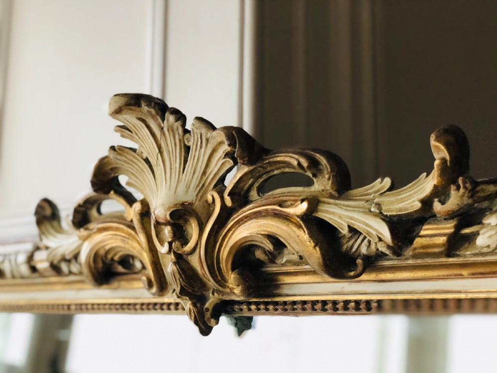 Antique French gilt and gesso leaner mirror overmantel  View V