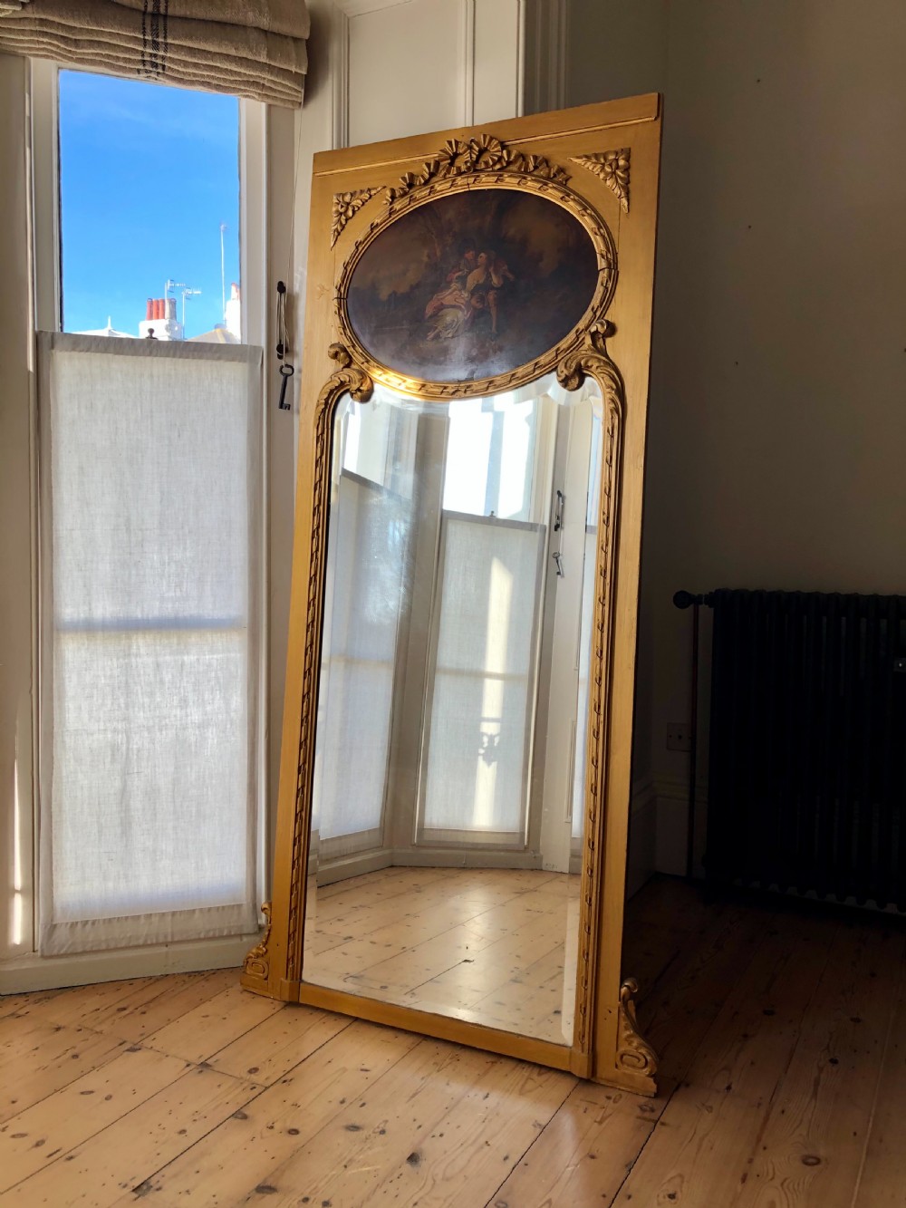Large antique French trumeau leaner mirror 