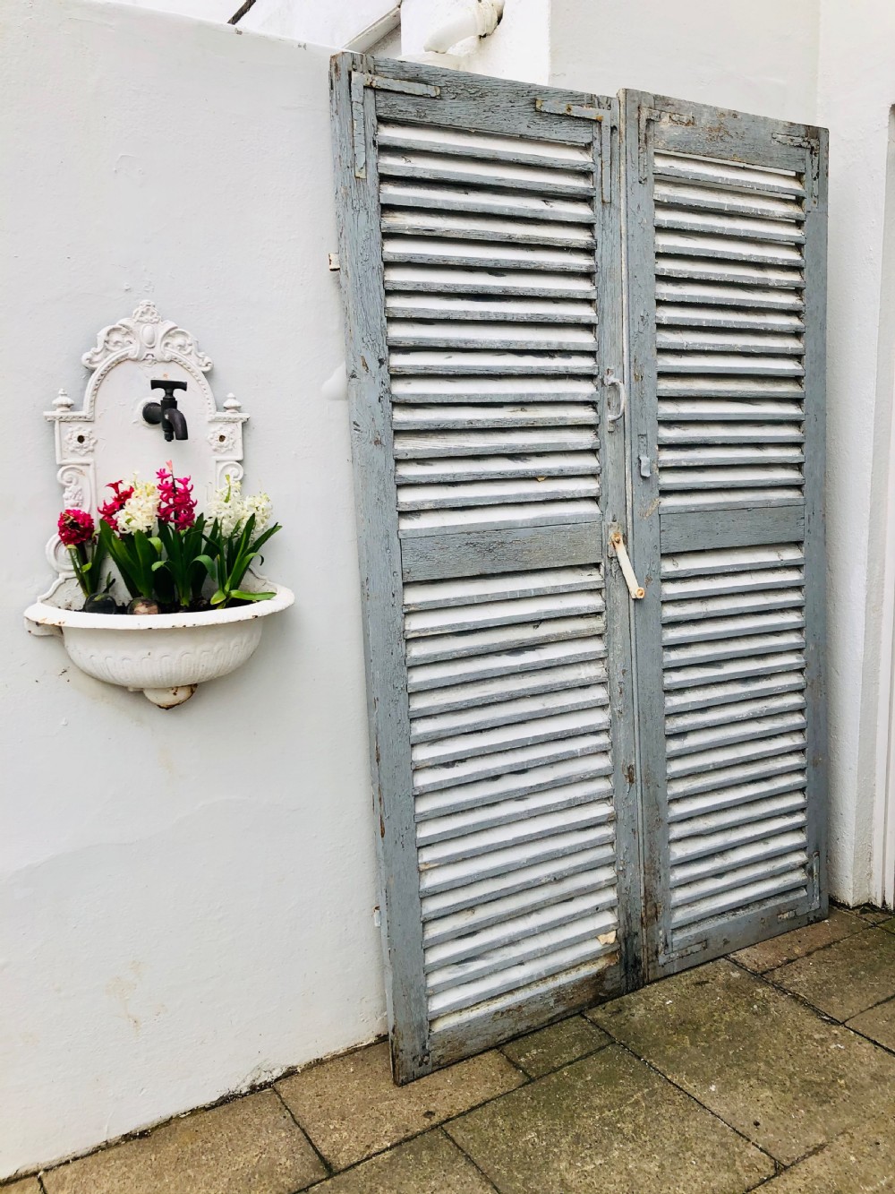 Antique French large oak painted shutters  View V